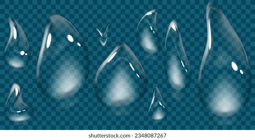 Transparent flowing water drops on a smooth surface.Rain drops