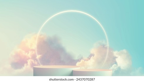 Transparent fluffy clouds form a realistic product podium stage, set against a soft pastel-colored background. Vector Illustration