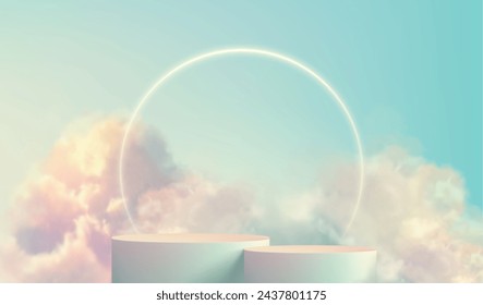 Las nubes esponjosas transparentes forman un escenario realista del podio del producto, colocado sobre un suave fondo de color pastel. Ilustración vectorial