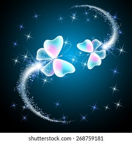 Transparent flying butterflies and firework
