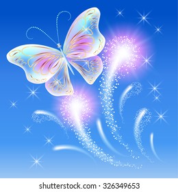 Transparent flying butterflies and firework