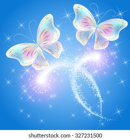 Transparent flying butterflies and firework