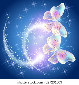 Transparent flying butterflies and firework