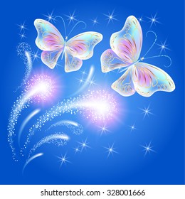 Transparent flying butterflies and firework