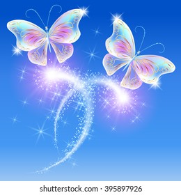 Transparent flying butterflies and firework