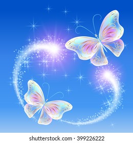 Transparent flying butterflies and firework