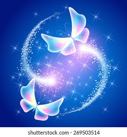 Transparent flying butterflies and glowing firework