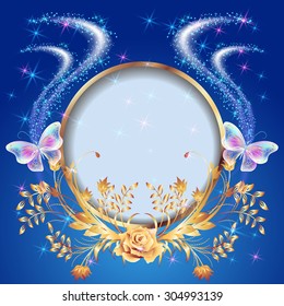 Transparent flying butterflies with golden ornament, round frame and glowing firework
