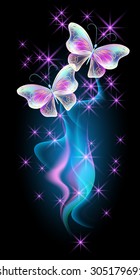 Transparent flying butterflies with golden ornament, smoke and glowing firework
