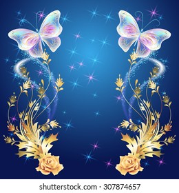 Transparent flying butterflies with golden ornament, rose and glowing firework