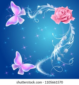 Transparent flying butterflies with silver ornament, rose and glowing firework
