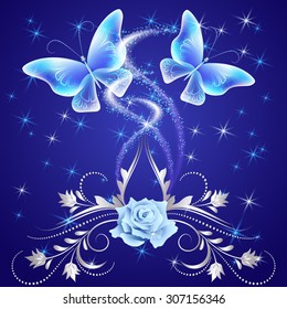 Transparent flying butterflies with silver ornament, rose and glowing firework