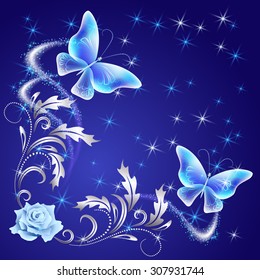 Transparent flying butterflies with silver ornament, rose and glowing firework