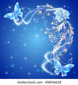 Transparent flying butterflies with silver ornament, rose and glowing firework