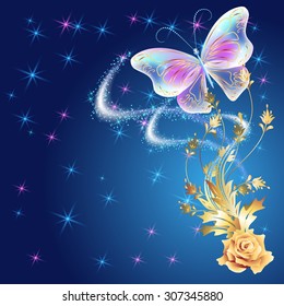 Transparent flying butterfly with golden ornament, rose and glowing firework