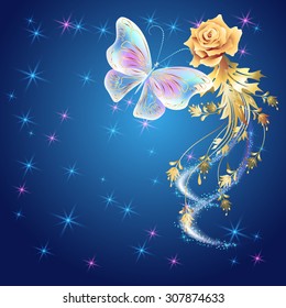 Transparent flying butterfly with golden ornament, rose and glowing firework