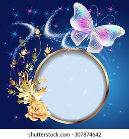Transparent flying butterfly with golden ornament, round frame and glowing firework
