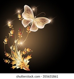 Transparent flying butterfly with golden ornament and glowing stars