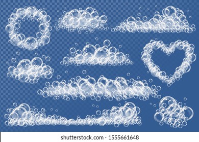 Transparent foam. Texture of blue foam soapy or gel balls vector realistic collection