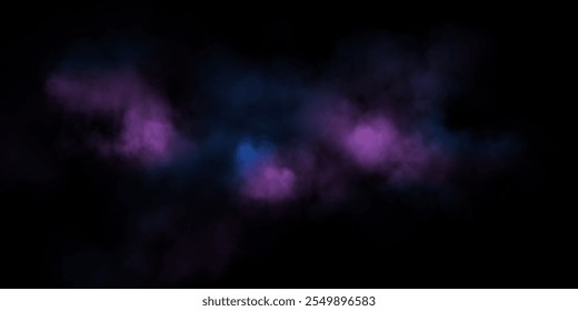 Transparent fog or smoke, PNG blue and purple smog cloud effect, isolated transparent special effect. Vector illustration, fog, vapour, magic haze.	