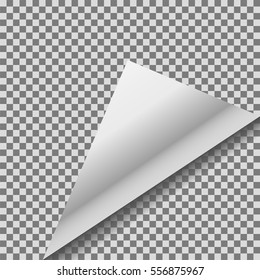 Transparent foil empty sticker vector badge. Blank tag paper with silver twisted up corner for message note.