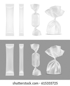 Transparent foil food snack pack for candy and other products. Disposable packaging for sugar and spices. Sachets for medicines.