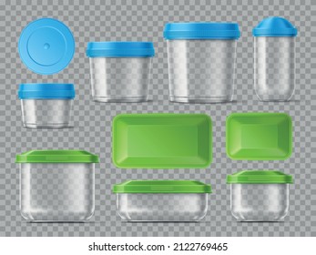 Transparent food containers mockups. Realistic plastic products boxes with color caps. Meal storage packaging. Round and square clear jars. Isolated pots and lids. Vector