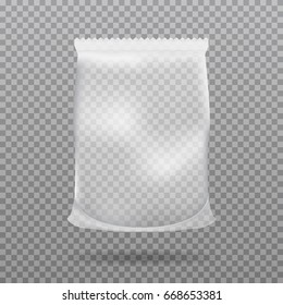 Transparent Food Packaging of Paper or Foil. Chips bag package. Snack Blank Sachet Bag. Mockup Template, Mock Up. 