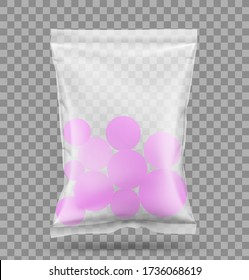 Transparent food snack pillow bag. Vector illustration on transparent background. Packaging mockup ready for your design. Can be use for schips, snack, coffee, tea, salt, flour and etc. EPS10.	