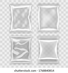 Transparent Food Snack Plastic Pillow Bags Set. EPS10 Vector