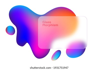Transparent frame in glass morphism or glassmorphism style. Abstract shapes on background. Liquid effect. Transparent and blurred card or frame. Glass-morphism style. Vector illustration. 