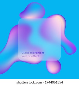 Transparent frame in glass morphism or glassmorphism style. Abstract shapes on background. Liquid effect. Transparent and blurred card or frame. Glass-morphism style. Futuristic gradient. 