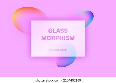 Transparent frame in glass morphism or glass. Liquid gradient shapes at colors background. Glassmorphism concept with 3d geometric shapes. Frosted glass effect. 