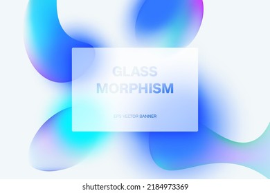 Transparent frame in glass morphism or glass. Liquid gradient shapes. Light background. Glassmorphism concept with 3d geometric shapes. Frosted glass effect. 