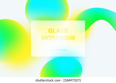 Transparent frame in glass morphism or glass. Liquid gradient shapes. Light background. Glassmorphism concept with 3d geometric shapes. Frosted glass effect. 