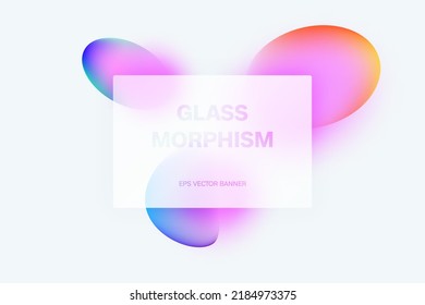 Transparent frame in glass morphism or glass. Liquid gradient shapes. Light background. Glassmorphism concept with 3d geometric shapes. Frosted glass effect. 