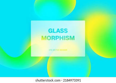 Transparent frame in glass morphism or glass. Liquid gradient shapes at colors background. Glassmorphism concept with 3d geometric shapes. Frosted glass effect. 