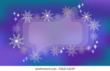 Transparent frame surrounded by beautiful winter snowflakes in light color on blurred background blue-green shades abstract blurs. Vector banner with space for copying. Snow elements white, yellow