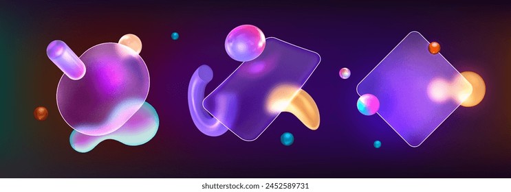 Transparent frosted frames with 3d neon abstract geometric shapes in glass morphism style. Glassmorphism plexiglass plates with blur effect. Realistic floating fluid shapes under matte design elements