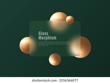 Transparent frosted glass banner with golden spheres on dark background. Landing page design template.