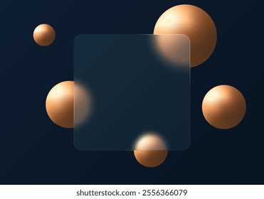 Transparent frosted glass banner with golden spheres on dark background. Landing page design template.