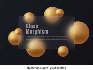 Transparent frosted glass banner with golden spheres on dark background. Landing page design template.