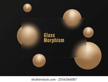 Transparent frosted glass banner with golden spheres on dark background. Landing page design template.