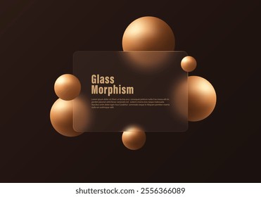 Transparent frosted glass banner with golden spheres on dark background. Landing page design template.