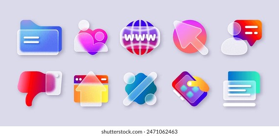 Transparentes Morphismus-Symbol aus mattiertem Glas. 3D GlassMorphism UI Icons mit Dokumentenmappe, Benutzerkontaktprofil, Pfeil, Sale Rabatt-Zeichen, Telefon und Laptop für mobiles App. Realistische matte Unschärfe Buttone.