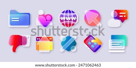 Transparent frosted glass morphism icon. 3d glassmorphism ui icons with document folder, user contact profile, arrow, sale discount sign, phone and laptop for mobile app. Realistic matte blur buttons.
