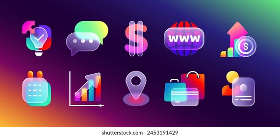 Transparent frosted glass morphism icons with neon gradient. 3d glassmorphism ui icon set of business, finance profit, money income or online shopping sign for mobile app. Realistic matte blur buttons