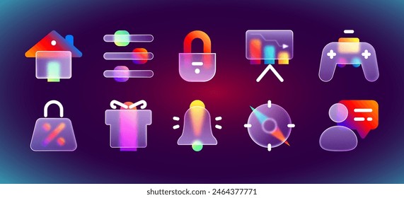 Iconos de ui de morfismo de vidrio esmerilado transparente con gradiente de neón púrpura. Botones de desenfoque mate realistas con efecto de morfismo de vidrio para la interfaz. Notificación de Vector, caja de regalo, bolso de la compra, gamepad, cerradura.