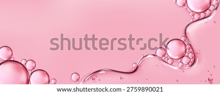 Transparent gel serum liquid texture with round drops and bubbles on pink background, realistic vector. Hyaluronic acid, collagen or skincare cosmetic essence. Abstract beauty product close up