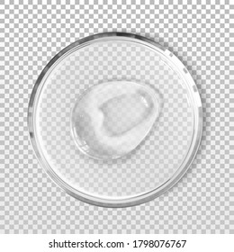 Transparent gel smudge in petri dish isolated realistic vector illustration. Concept laboratory tests and research, making cosmetics. Smear of facial cleanser, peeling, shampoo or shower gel, above